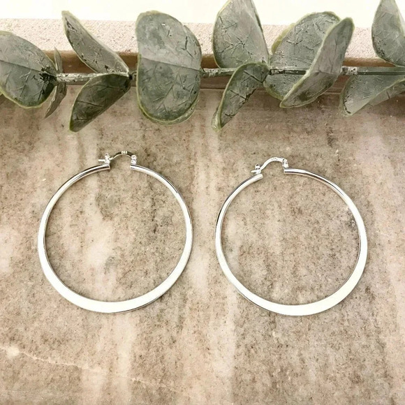 925 Sterling Silver Hoop Earrings Large Silver Hoops Modern Earrings - Picture 1 of 4